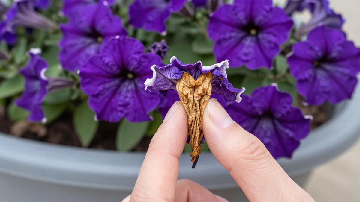 Dedos retirando flor murcha de uma jardineira de petúnias floridas
