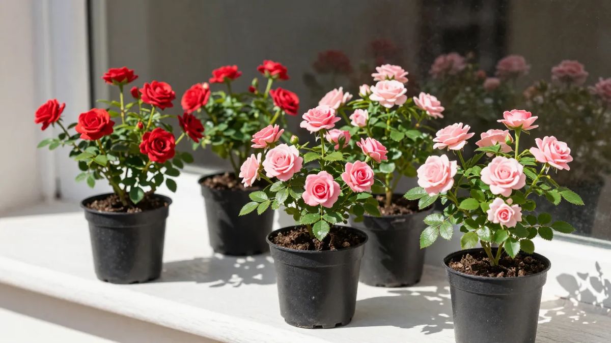 Mini-roseiras floridas em vasos no parapeito ensolarado