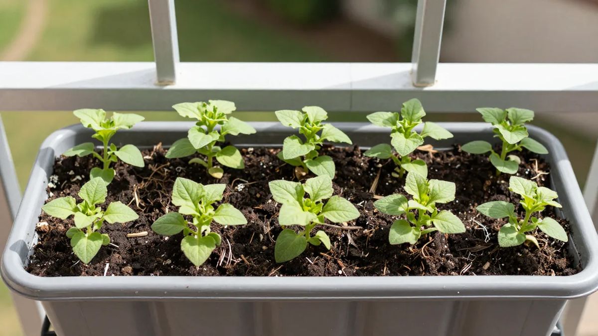 Jardineira com mudas de petúnia plantadas com espaçamento generoso