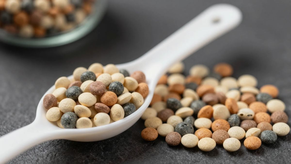 Grânulos de adubo mineral em uma colher dosadora branca sobre substrato escuro