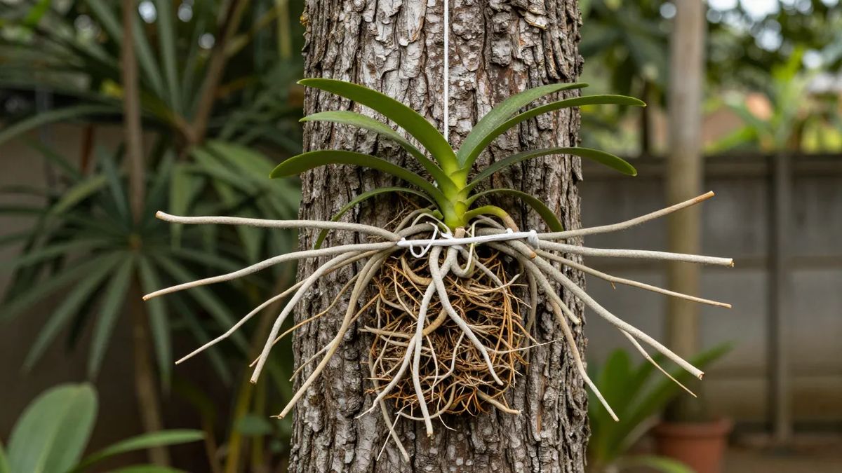 Orquídea recém-amarrada em tronco rugoso, com raízes abertas sobre a casca e barbante de algodão