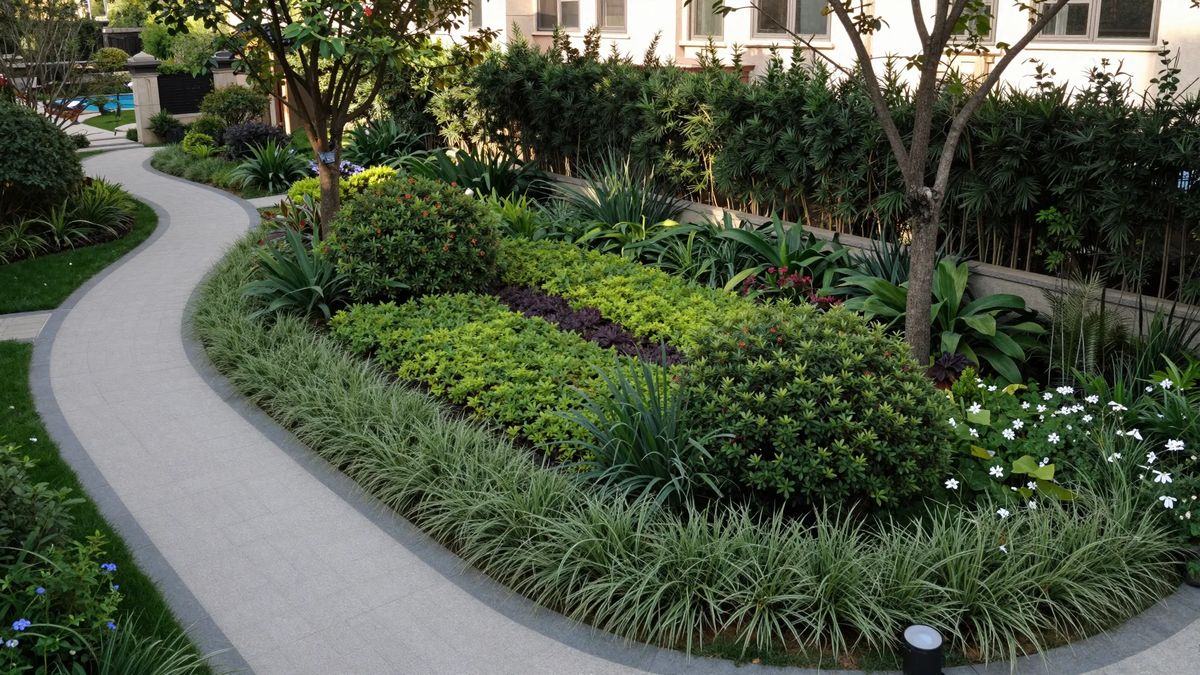 Jardim projetado com caminho curvo, forração na borda, massas de arbusto no meio e porte alto ao fundo