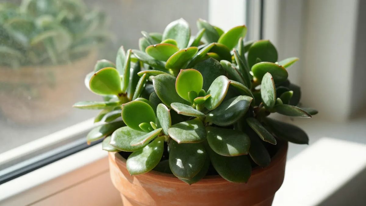 Planta-jade compacta no parapeito da janela, com folhas carnudas ao sol da manhã