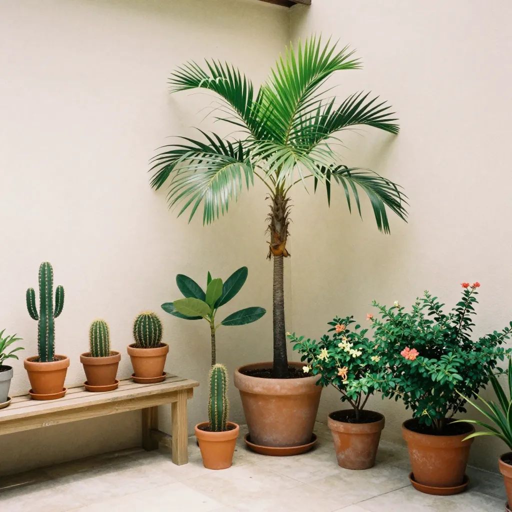 Canto de quintal ensolarado com cactos, palmeira em vaso e plantas floridas