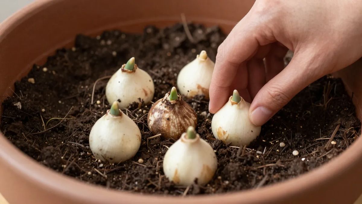 Bulbos de tulipa plantados fundos e em grupo num vaso