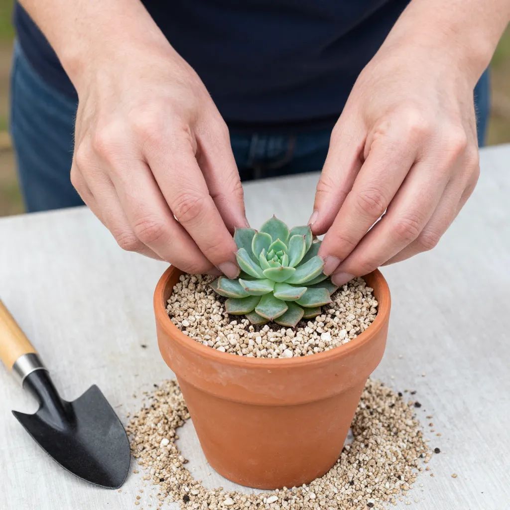 Mãos plantando echevéria em vaso de barro e espalhando pedrisco sobre o substrato