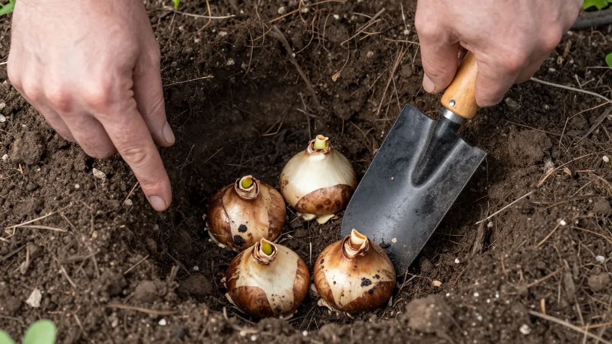 Bulbos de lírio posicionados no fundo de cova de uns 15 centímetros