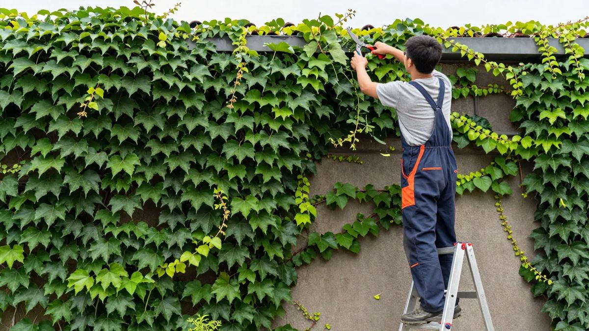 Poda da borda superior de um muro coberto de hera