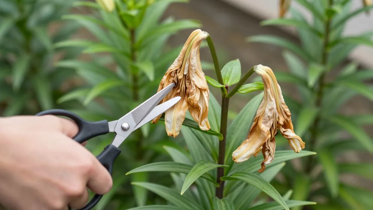 Corte apenas da flor murcha do lírio, com a haste verde mantida