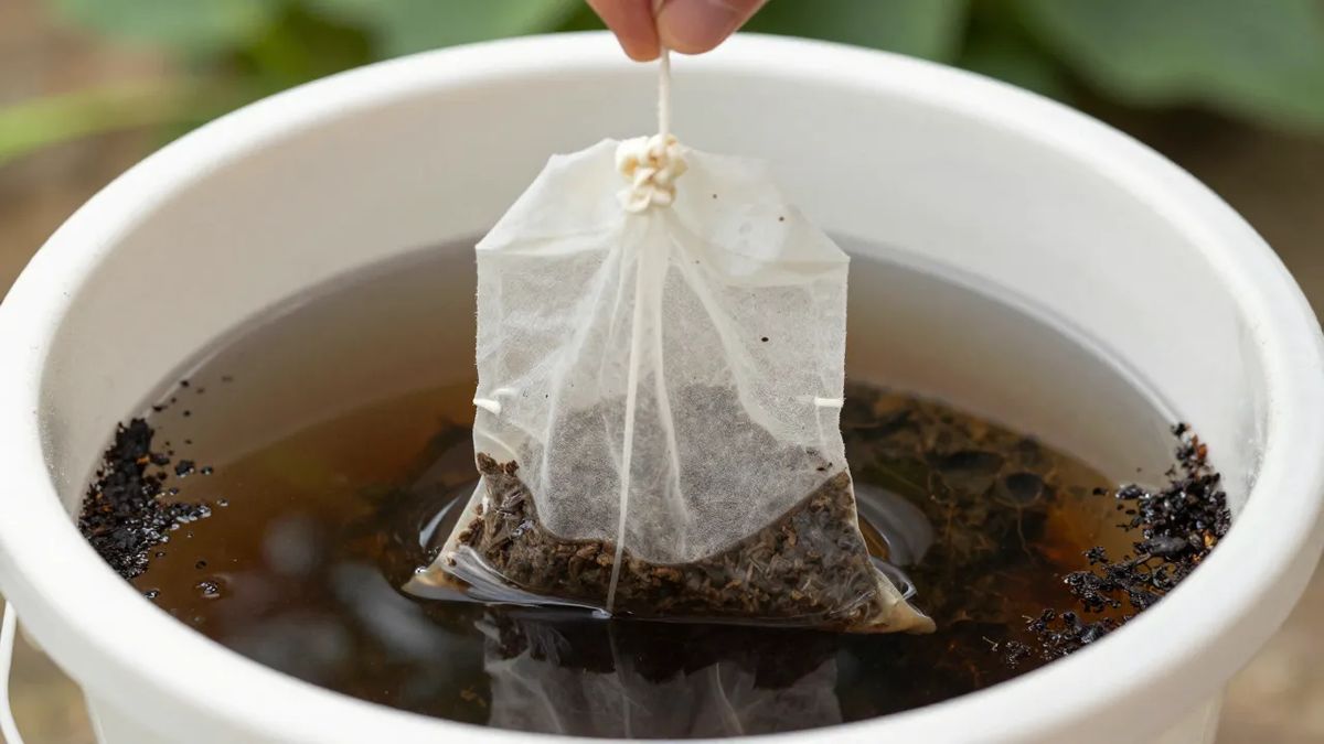 Balde com saco de tecido cheio de composto de molho na água