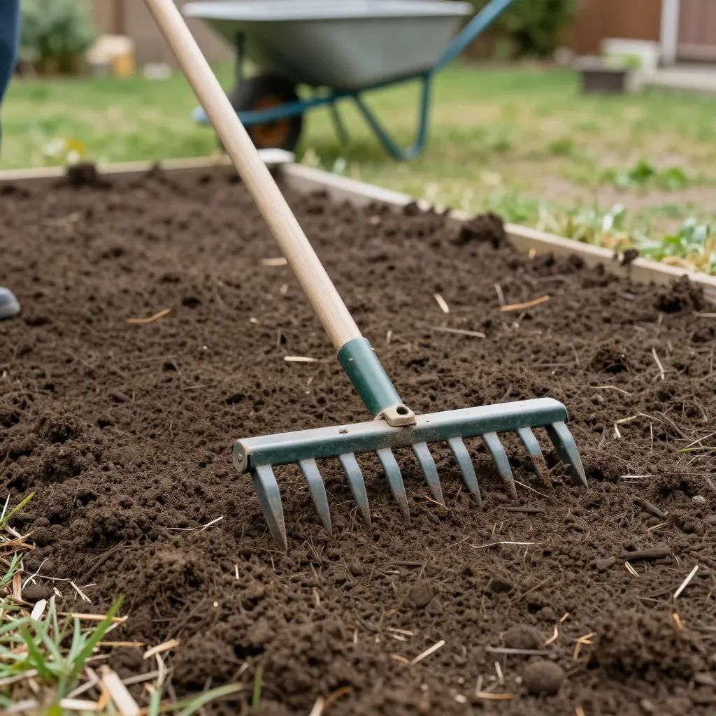 Rastelo nivelando o solo escuro preparado para o plantio de grama