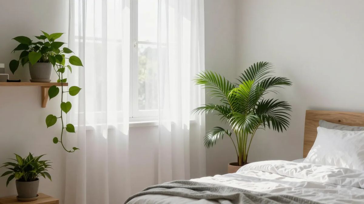 Quarto com plantas perto de janela clara com cortina fina