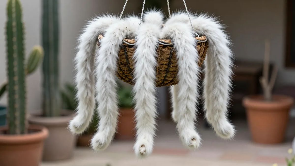 Cacto rabo-de-macaco com hastes peludas pendendo do vaso suspenso