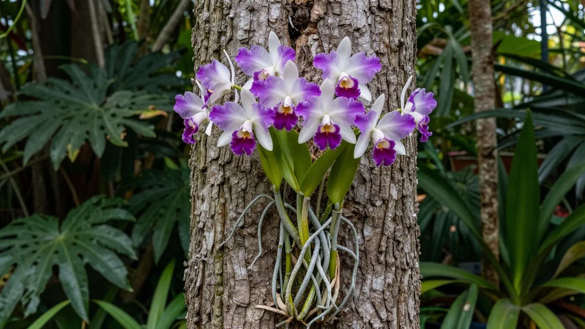 Orquídea estabelecida e florida em tronco de árvore, com raízes prateadas agarradas à casca
