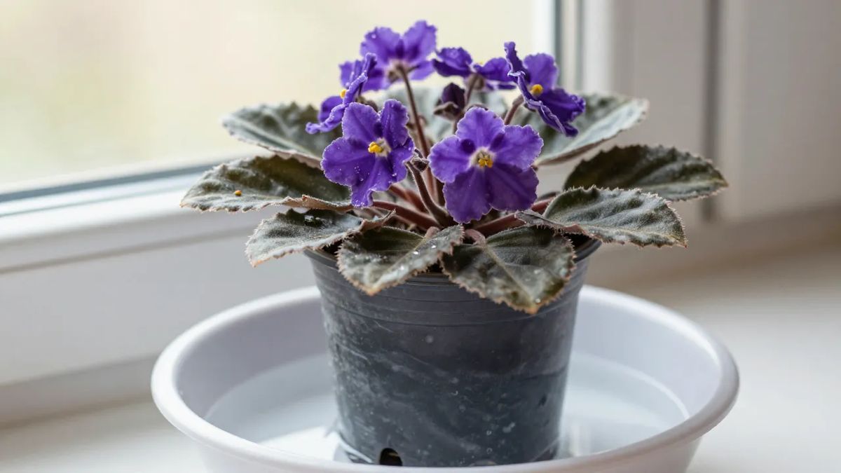 Vaso de violeta sobre prato com água, sendo regado por baixo