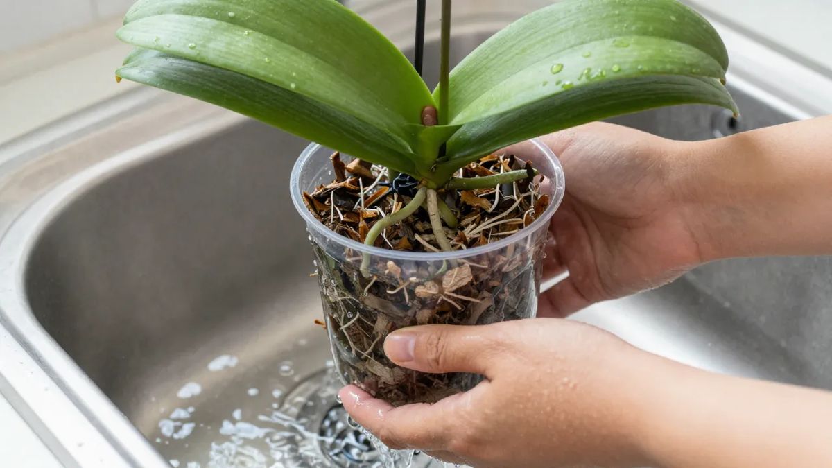 Vaso de orquídea mergulhado em bacia com água para rega por imersão