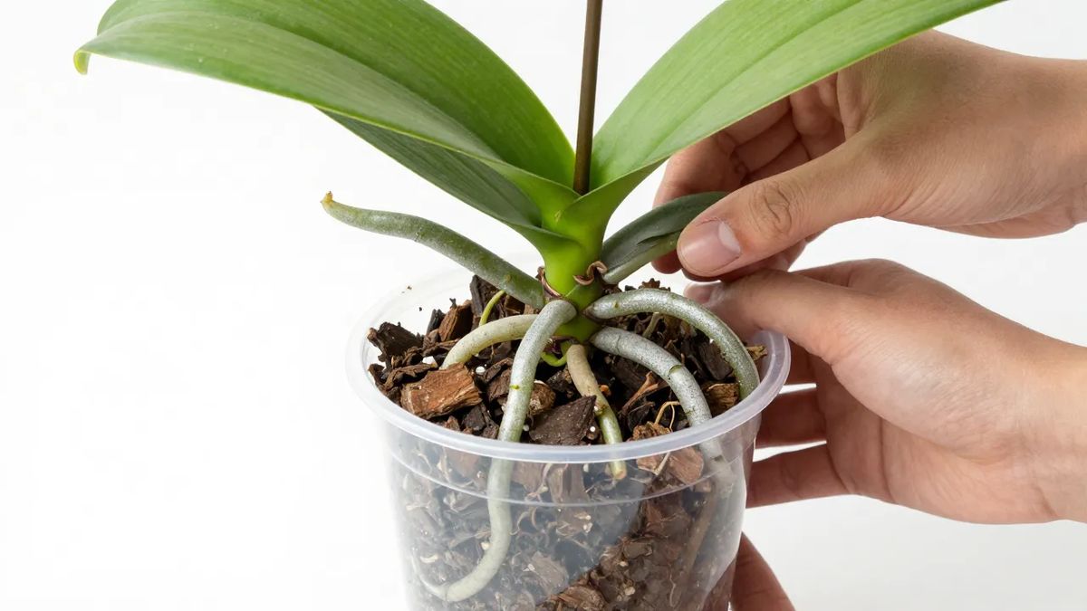 Replantio de orquídea em vaso transparente apenas um pouco maior que as raízes