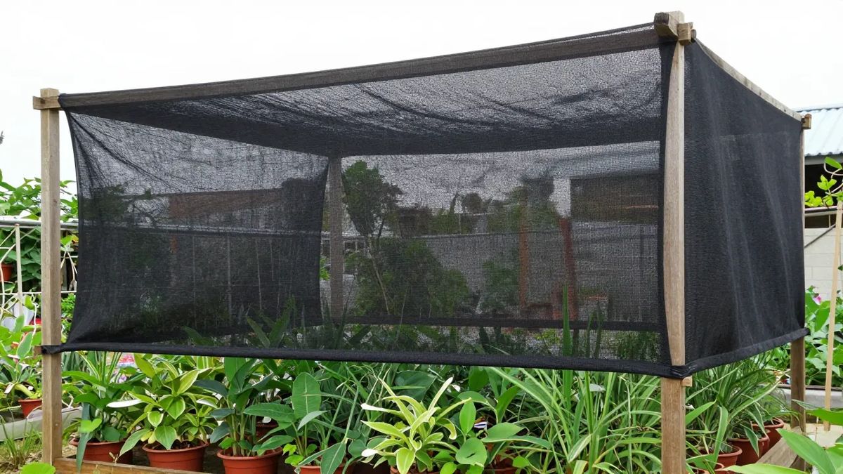 Sombrite instalado em estrutura com vão de ar entre a tela e as plantas