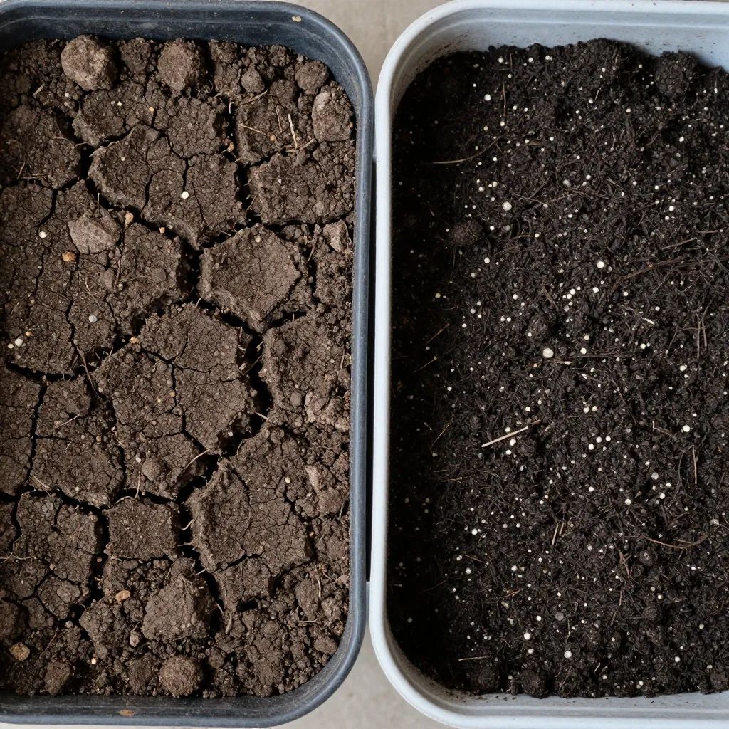 Dois vasos comparando terra de jardim rachada e substrato solto