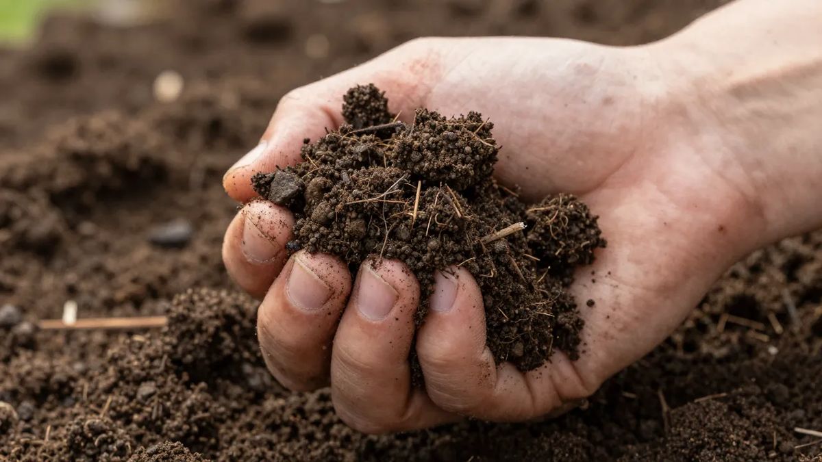 Mão apertando terra úmida no teste da bolinha