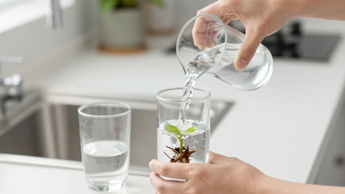 Troca completa da água do vaso de vidro de uma planta cultivada na água