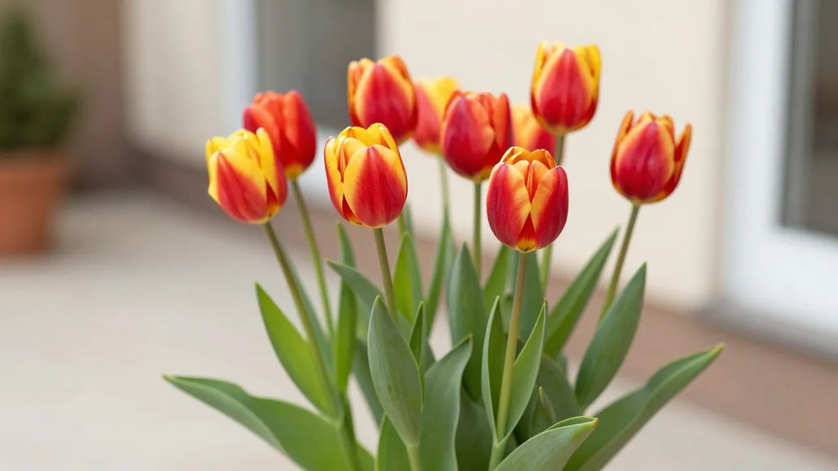 Vaso de tulipas floridas em local de sombra à tarde