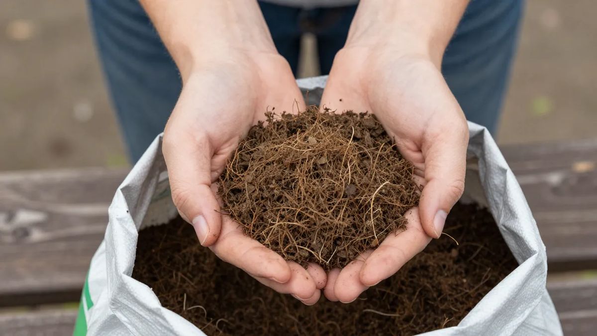 Mãos segurando turfa fibrosa e esponjosa sobre o saco aberto