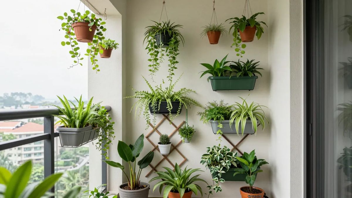 Varanda pequena com jardim vertical: pendentes no teto e vasos na parede
