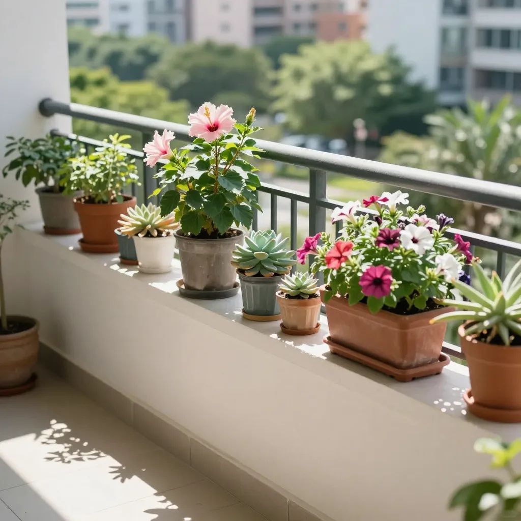 Varanda ensolarada com hibisco, petúnias e suculentas em vasos