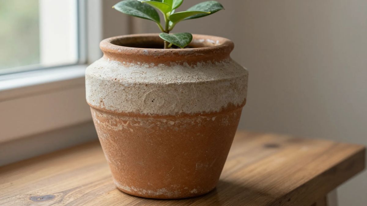 Vaso de barro com a parede escurecida pela umidade e uma faixa branca de sais na borda