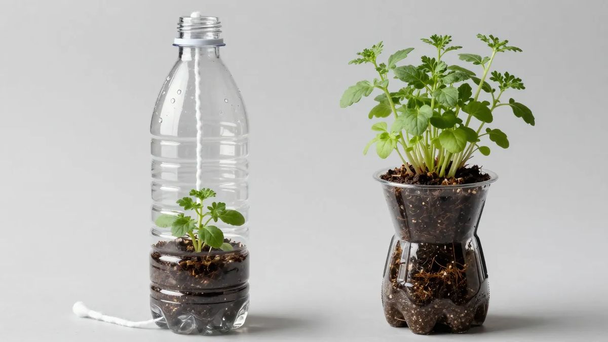 Vaso autoirrigável de garrafa PET com topo invertido e pavio de algodão