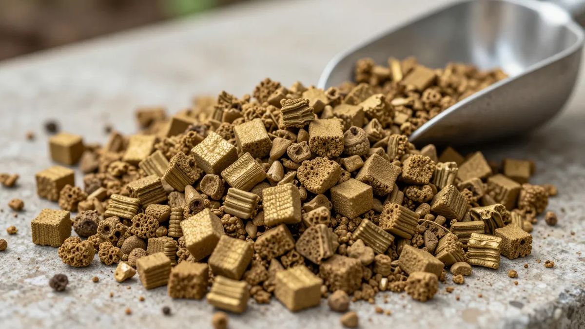 Mão segurando grânulos dourados e leves de vermiculita expandida