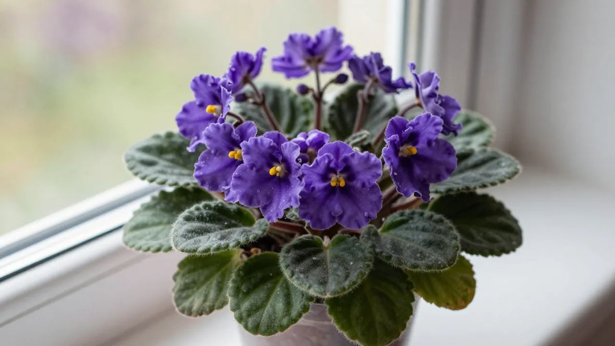 Violeta-africana florida com roseta de folhas aveludadas