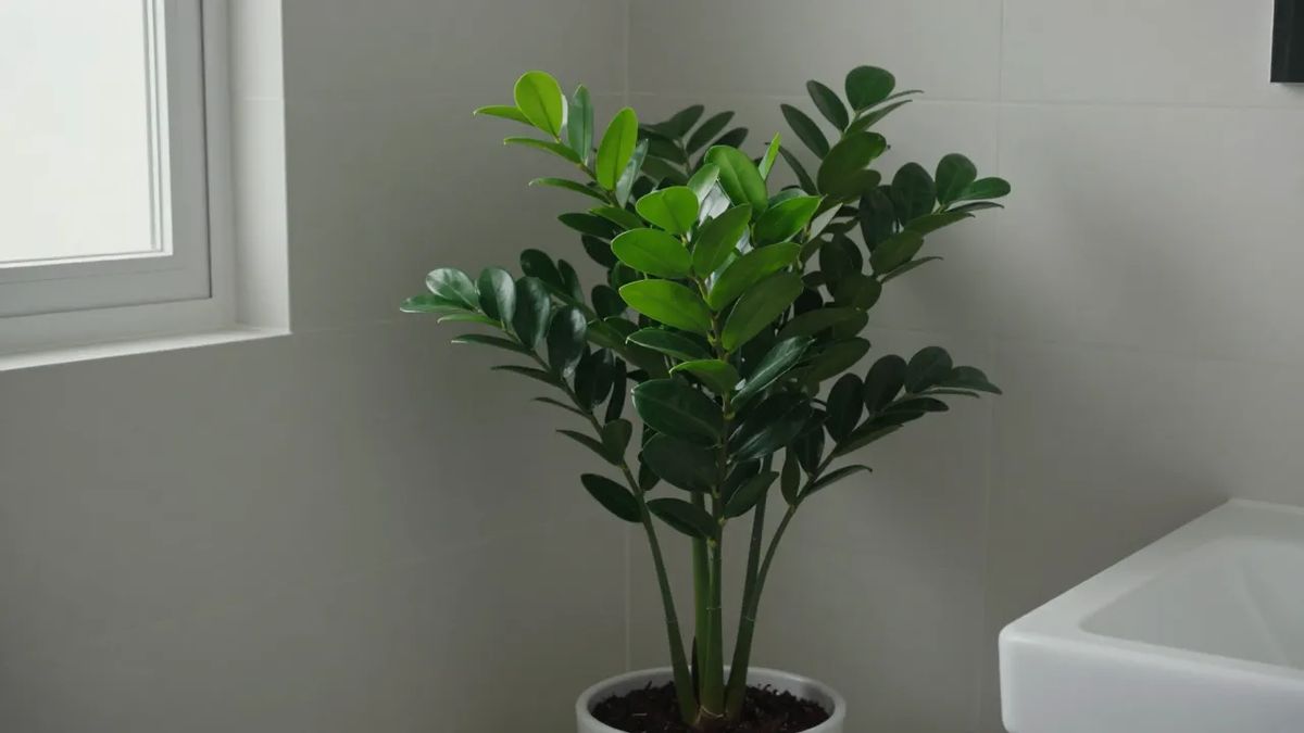 Zamioculca de folhas brilhantes em canto de banheiro com pouca luz