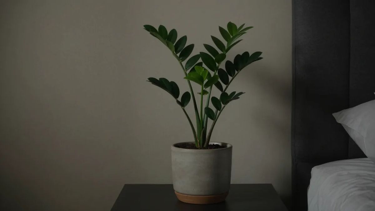 Zamioculca em vaso no criado-mudo de um quarto de pouca luz